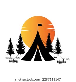 Forest camping concept vector illustration. camping site on evening sunset. Tent in nature, forest in front of mountains. camp landscape icon vector logo. camping flat design. 
