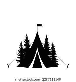 Forest camping concept vector illustration. camping site on evening sunset. Tent in nature, forest in front of mountains. camp landscape icon vector logo. camping flat design. 