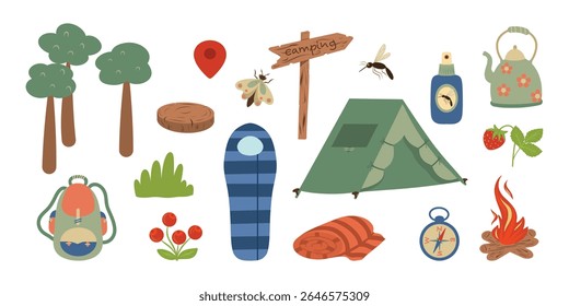 Conjunto de vetores de elementos de acampamento florestal. Conjunto de caminhadas e acampamento. Bússola, árvores, insetos, bagas, saco de dormir, frasco repelente de insetos, toalha rolada, mochila, bule de chá, sinal direcional de acampamento de madeira