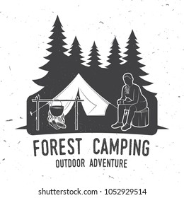Forest Camping extreme adventure . Vector illustration. Concept for shirt or logo, print, stamp or tee. Vintage typography design with camper tent, pot on the fire and forest silhouette.