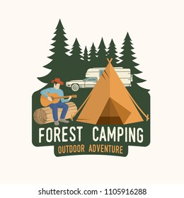 Forest Camping extreme adventure . Vector illustration. Concept for shirt or logo, print, stamp, patch or tee. Vintage typography design with Camper tent and forest silhouette.