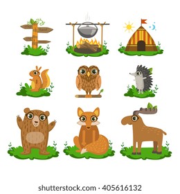 Forest Camping Flat Vector Icons Collection In Cute Girly Style Isolated On White Background