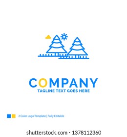 forest, camping, jungle, tree, pines Blue Yellow Business Logo template. Creative Design Template Place for Tagline.