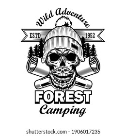 Forest camping label design. Monochrome element with skull in warm hat, flashlights, wood landscape vector illustration and text. Travel and adventure concept for stamps and emblems templates
