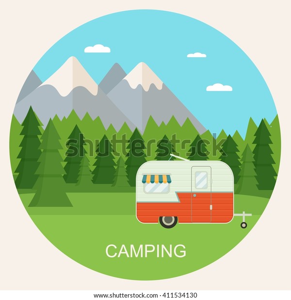 Forest camping
landscape with trailer. Summer camp place with camper caravan
vector flat
illustration.