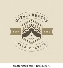 Forest camping logo design vector illustration. Outdoor adventure leisure, Tent and pine trees silhouettes shirt, print stamp. Vintage typography badge template.