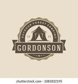 Forest camping logo design vector illustration. Outdoor adventure leisure, Camp tent silhouette shirt, print stamp. Vintage typography badge template.