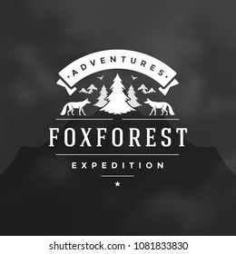 Forest camping logo design vector illustration. Outdoor adventure leisure, Pine trees and fox silhouettes shirt, print stamp. Vintage typography badge template.