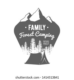 Forest camping logo. Double exposure badge with mountains, tent and forest. Monochrome outdoors travel emblem in retro design. Wilderness camp label in unusual modern style and hand drawn text. Vector