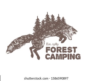 Forest camping logo or emblem with jumping fox. Double exposure hunting animal with fir trees. Symbol of nature, wildlife, hiking or adventure and travelling