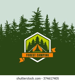 Forest camping logo emblem or label on background with green fir-trees forest. Design concept for summer travel, tourism and outdoor activity. Vector illustration of tent in pine forest.