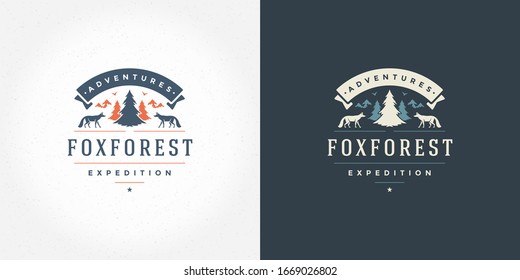 Forest camping logo emblem outdoor adventure vector illustration pine tree silhouette for shirt or print stamp. Vintage typography badge design.