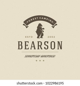 Forest camping logo emblem vector illustration. Outdoor adventure leisure, Bear silhouette shirt, print stamp. Vintage typography badge design.