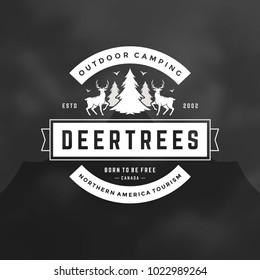 Forest camping logo emblem vector illustration. Outdoor adventure leisure, Pine trees silhouettes shirt, print stamp. Vintage typography badge design.