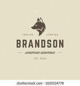 Forest camping logo emblem vector illustration. Outdoor adventure leisure, fox head silhouette shirt, print stamp. Vintage typography badge design.