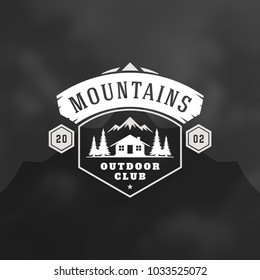 Forest camping logo emblem vector illustration. Outdoor adventure leisure, Camp house and pine trees silhouettes shirt, print stamp. Vintage typography badge design.