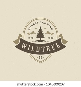 Forest camping logo emblem vector illustration. Outdoor adventure leisure, Pine trees silhouettes shirt, print stamp. Vintage typography badge design.