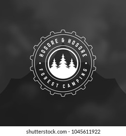 Forest camping logo emblem vector illustration. Outdoor adventure leisure, Pine trees silhouettes shirt, print stamp. Vintage typography badge design.