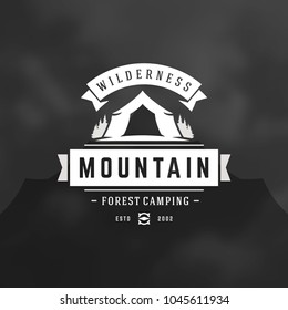 Forest camping logo emblem vector illustration. Outdoor adventure leisure, Camp tent silhouette shirt, print stamp. Vintage typography badge design.