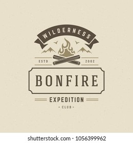 Forest camping logo emblem vector illustration. Outdoor adventure leisure, Campfire silhouette, print stamp. Vintage typography badge design.