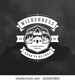 Forest camping logo emblem vector illustration. Outdoor adventure leisure, Camp house and pine trees silhouettes shirt, print stamp. Vintage typography badge design.