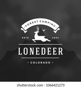 Forest camping logo emblem vector illustration. Outdoor adventure leisure, Deer silhouette shirt, print stamp. Vintage typography badge design.
