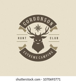 Forest camping logo emblem vector illustration. Outdoor adventure leisure, Deer head silhouette shirt, print stamp. Vintage typography badge design.