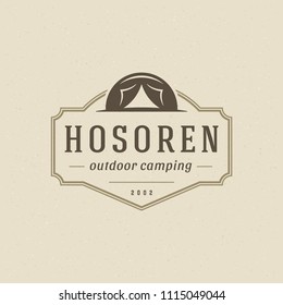 Forest camping logo emblem vector illustration. Outdoor adventure leisure, Camp tent silhouette shirt, print stamp. Vintage typography badge design.
