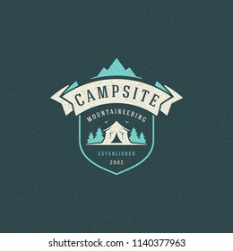 Forest camping logo emblem vector illustration. Outdoor adventure leisure, Pine trees and camp tent silhouettes shirt, print stamp. Vintage typography badge design.