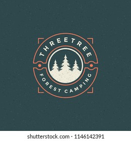 Forest camping logo emblem vector illustration. Outdoor adventure leisure, Pine trees silhouettes shirt, print stamp. Vintage typography badge design.