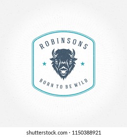 Forest camping logo emblem vector illustration. Outdoor adventure leisure, bison head silhouette shirt, print stamp. Vintage typography badge design.