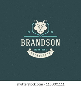 Forest camping logo emblem vector illustration. Outdoor adventure leisure, fox head silhouette shirt, print stamp. Vintage typography badge design.