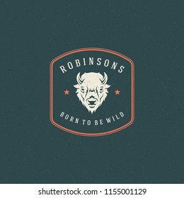 Forest camping logo emblem vector illustration. Outdoor adventure leisure, bison head silhouette shirt, print stamp. Vintage typography badge design.