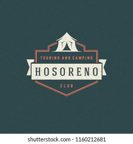 Forest camping logo emblem vector illustration. Outdoor adventure leisure, Camp tent silhouette shirt, print stamp. Vintage typography badge design.
