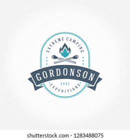 Forest camping logo emblem vector illustration. Outdoor adventure leisure, Campfire silhouette, print stamp. Vintage typography badge design.