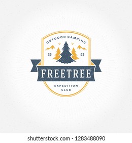 Forest camping logo emblem vector illustration. Outdoor adventure leisure, Pine trees silhouettes shirt, print stamp. Vintage typography badge design.