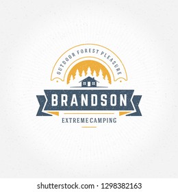 Forest camping logo emblem vector illustration. Outdoor adventure leisure, Camp tent silhouette shirt, print stamp. Vintage typography badge design.