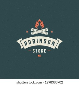 Forest camping logo emblem vector illustration. Outdoor adventure leisure, Campfire silhouette, print stamp. Vintage typography badge design.