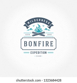 Forest camping logo emblem vector illustration. Outdoor adventure leisure, Campfire silhouette, print stamp. Vintage typography badge design.