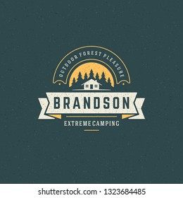 Forest camping logo emblem vector illustration. Outdoor adventure leisure, Camp tent silhouette shirt, print stamp. Vintage typography badge design.