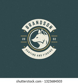 Forest camping logo emblem vector illustration. Outdoor adventure leisure, fox head silhouette shirt, print stamp. Vintage typography badge design.