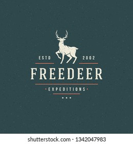 Forest camping logo emblem vector illustration. Outdoor adventure leisure, Deer silhouette shirt, print stamp. Vintage typography badge design.