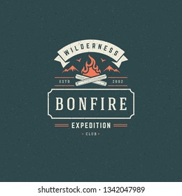 Forest camping logo emblem vector illustration. Outdoor adventure leisure, Campfire silhouette, print stamp. Vintage typography badge design.