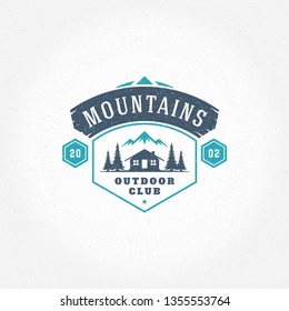 Forest camping logo emblem vector illustration. Outdoor adventure leisure, Camp house and pine trees silhouettes shirt, print stamp. Vintage typography badge design.