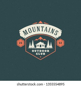 Forest camping logo emblem vector illustration. Outdoor adventure leisure, Camp house and pine trees silhouettes shirt, print stamp. Vintage typography badge design.