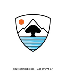 Logo des Waldcampings ist ein Symbol für Vektorgrafik. Abenteuer im Freien, Zelte und Pinien