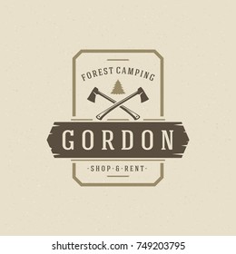 Forest camping logo emblem vector illustration. Outdoor adventure leisure, Pine tree and axe silhouettes shirt, print stamp. Vintage typography badge design.