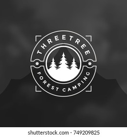 Forest camping logo emblem vector illustration. Outdoor adventure leisure, Pine trees silhouettes shirt, print stamp. Vintage typography badge design.
