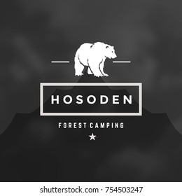 Forest camping logo emblem vector illustration. Outdoor adventure leisure, Bear silhouette shirt, print stamp. Vintage typography badge design.