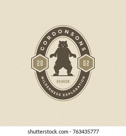 Forest camping logo emblem vector illustration. Outdoor adventure leisure, Bear silhouette shirt, print stamp. Vintage typography badge design.